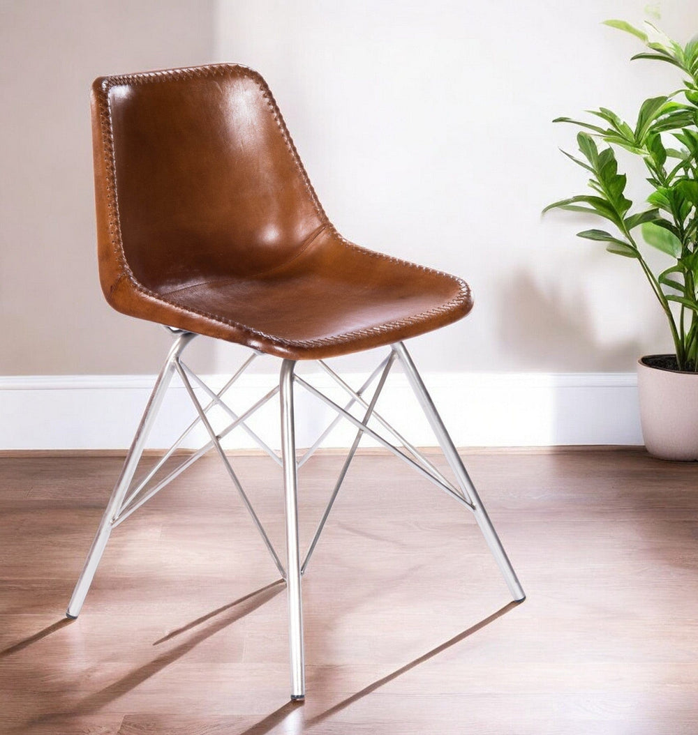 19" Brown And Silver Faux Leather Side Chair - Homeroots - Flyclothing LLC