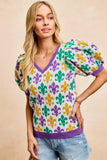 BiBi Mardi Gras Fleur De Lis Patterned V Neck Knit Top - Trendsi - Flyclothing LLC