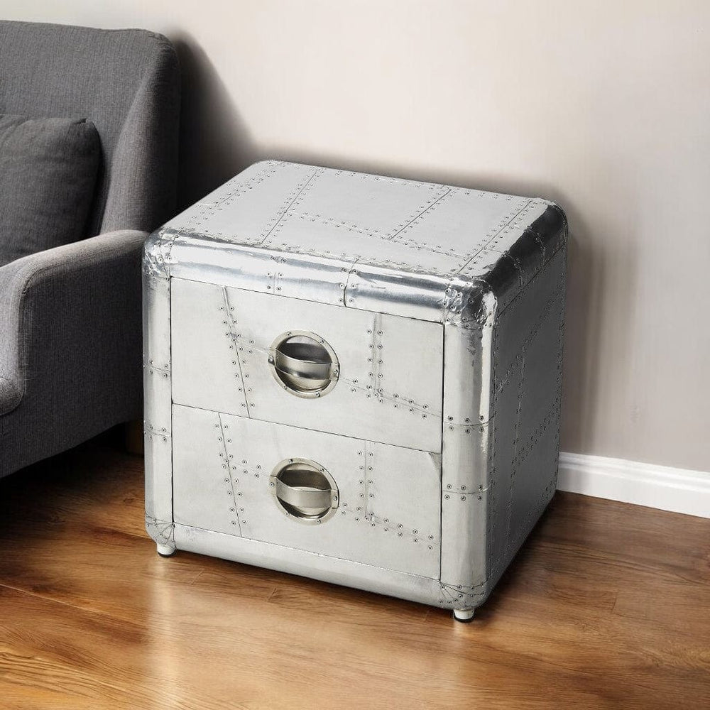 20" Silver Aluminum End Table With Two Drawers - Homeroots - Flyclothing LLC