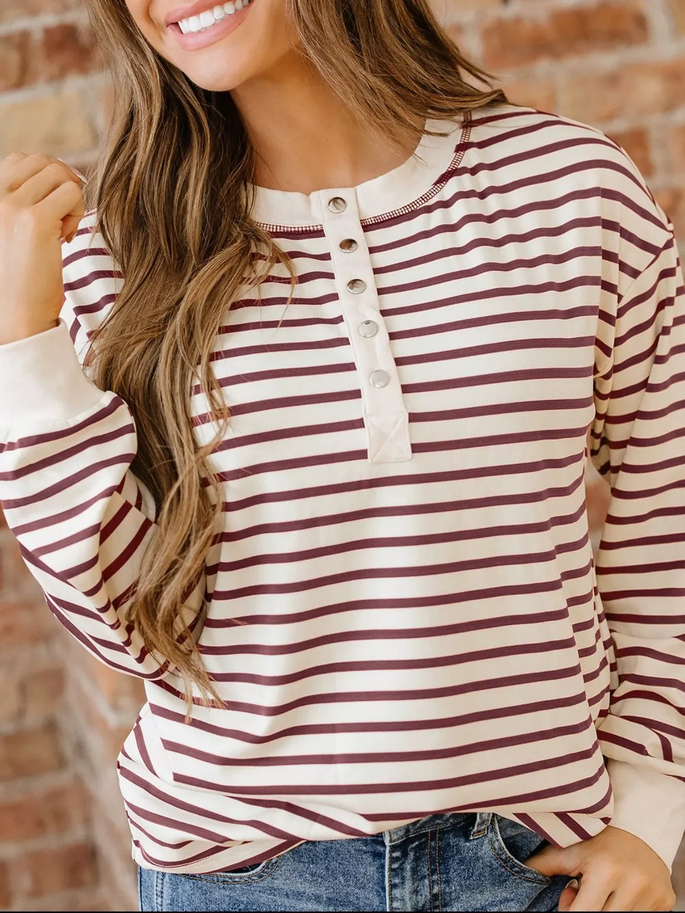 Striped Drop Shoulder Long Sleeve Henley Top - Trendsi - Flyclothing LLC