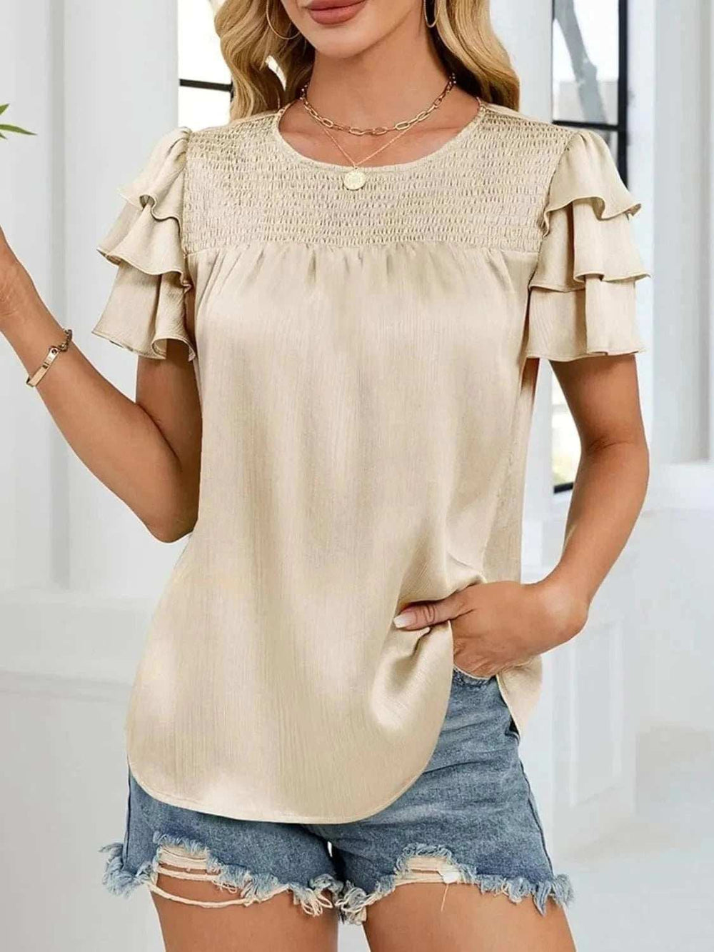 Smocked Round Neck Ruffled Layered Sleeve Blouse - Trendsi - Flyclothing LLC