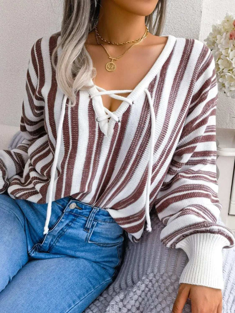 Striped Lace-Up Long Sleeve Sweater - Trendsi - Flyclothing LLC