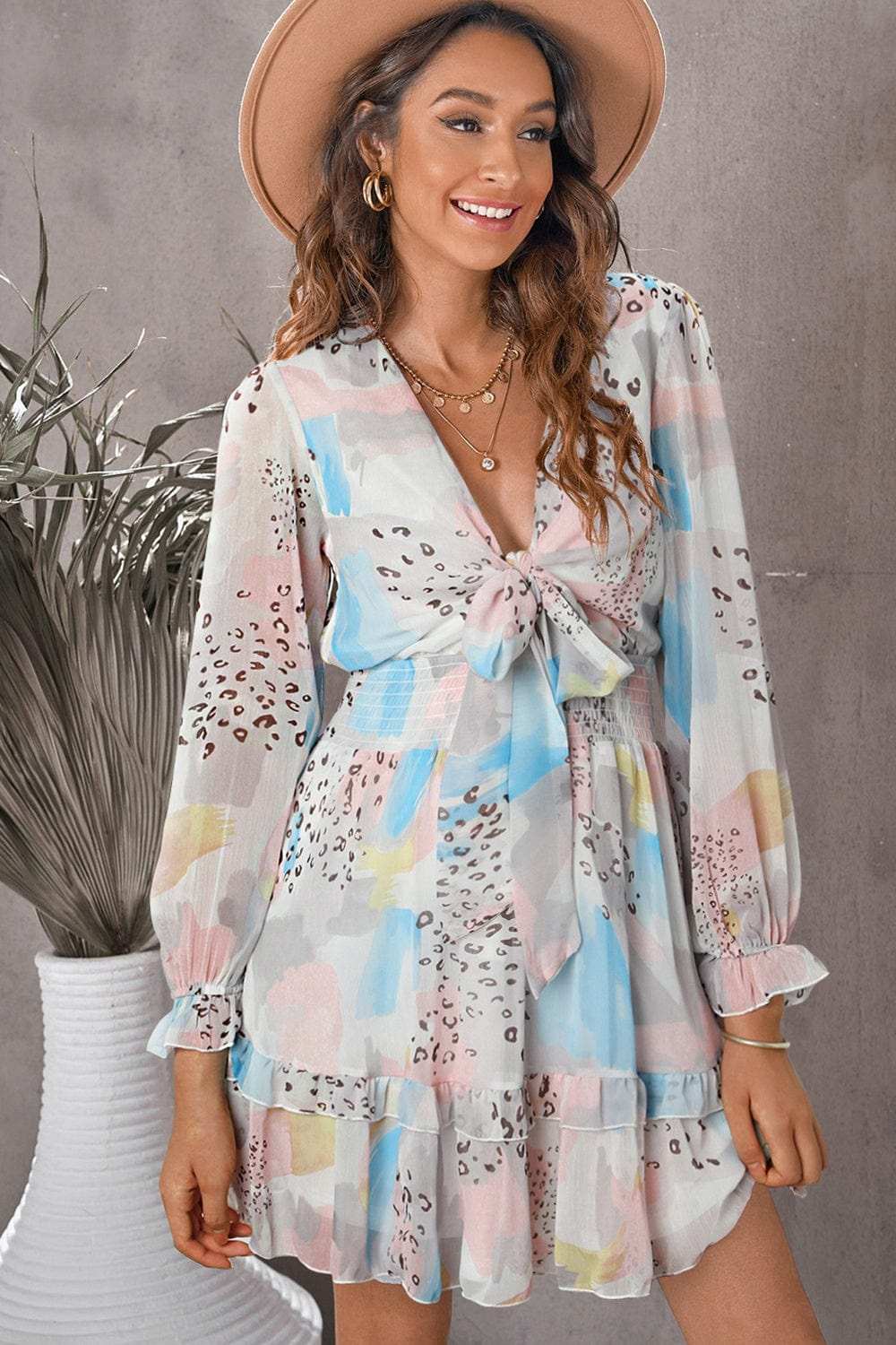 Printed Flounce Sleeve Mini Dress - Trendsi - Flyclothing LLC