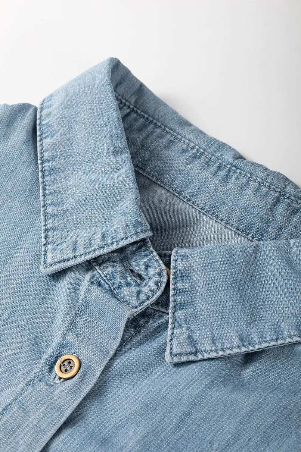 Folded Short Sleeve Patched Pocket Denim Shirt - Trendsi - Flyclothing LLC