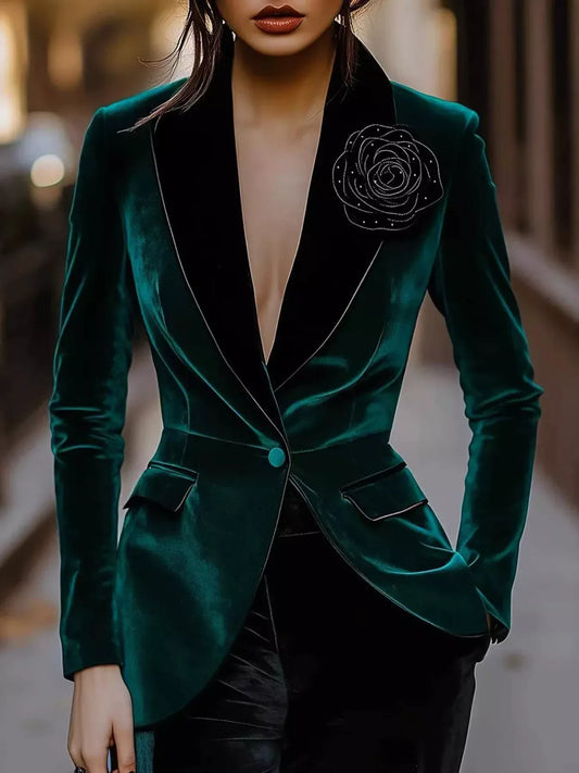 Velvet Rose Embellished One Button Blazer - Trendsi - Flyclothing LLC