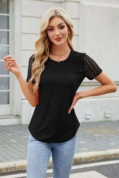 Smocked Round Neck Short Sleeve T-Shirt - Trendsi - Flyclothing LLC