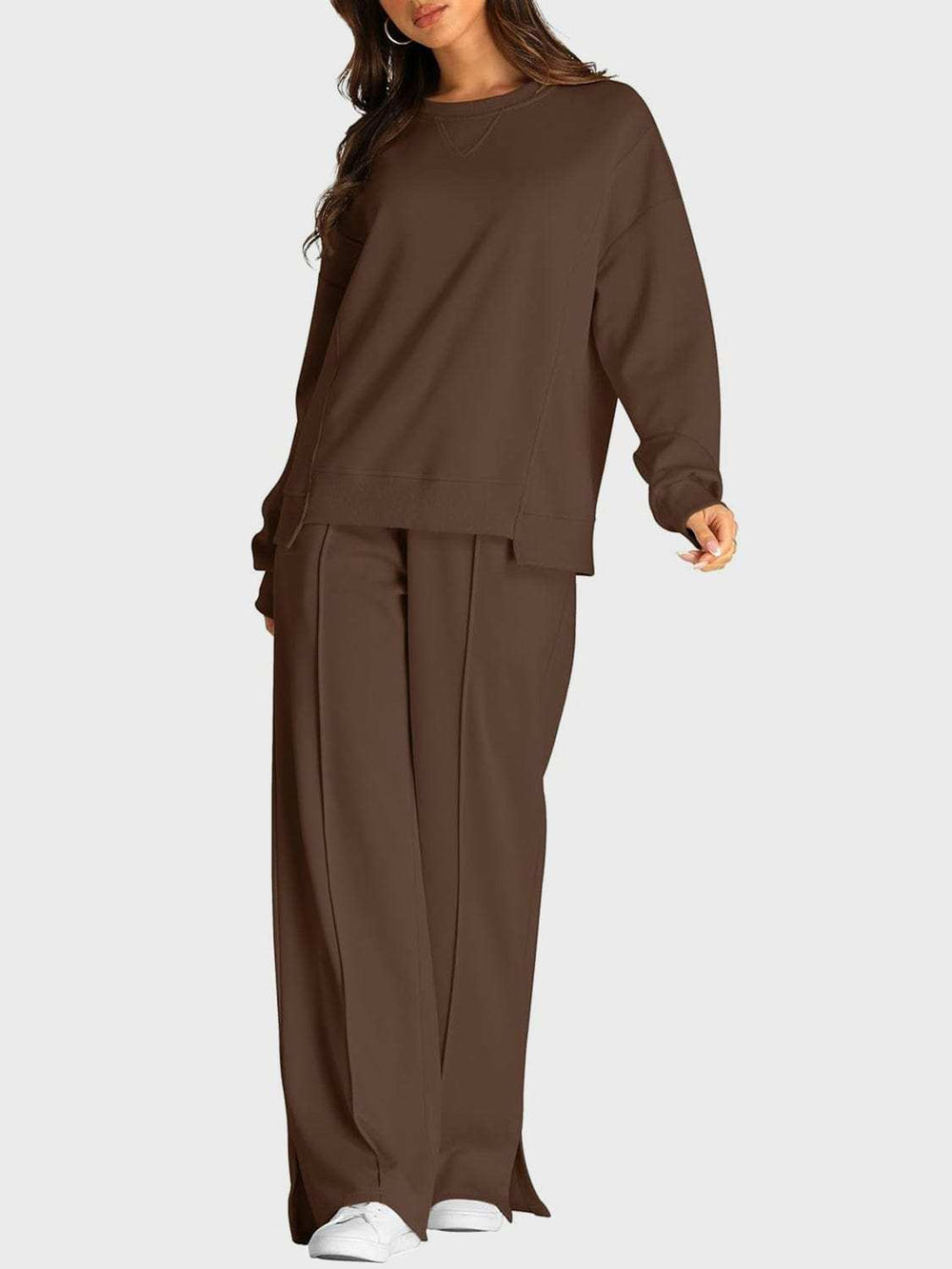Round Neck Long Sleeve Top and Slit Pants Set - Trendsi - Flyclothing LLC