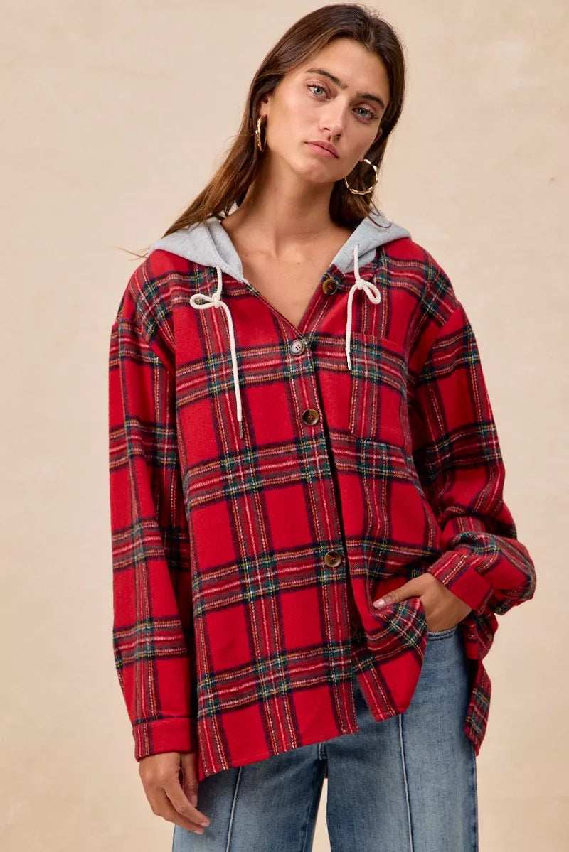 BiBi Brushed Plaid Hooded Jacket - Trendsi - Flyclothing LLC