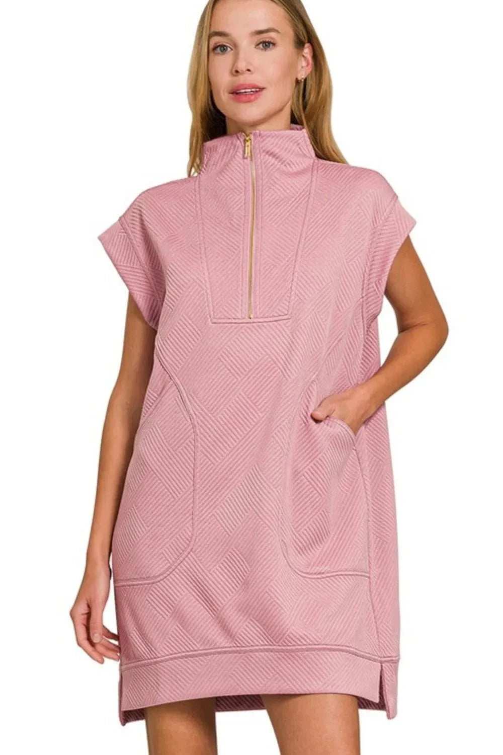 Zenana Textured Knit Jacquard Quarter Zipper Mini Dress - Trendsi - Flyclothing LLC