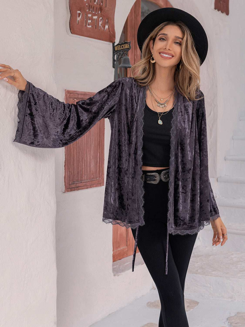Tied Lace Detail Long Sleeve Cardigan - Trendsi - Flyclothing LLC
