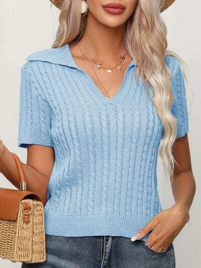Cable Knit Short Sleeve Top - Trendsi - Flyclothing LLC