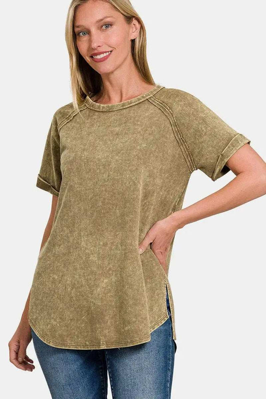 Zenana Heathered Round Neck Short Sleeve Top - Trendsi - Flyclothing LLC