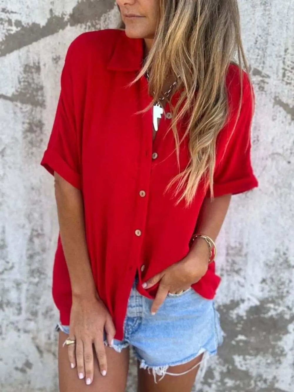 Full Size Collared Neck Half Sleeve Shirt Plus Size - Trendsi - Flyclothing LLC