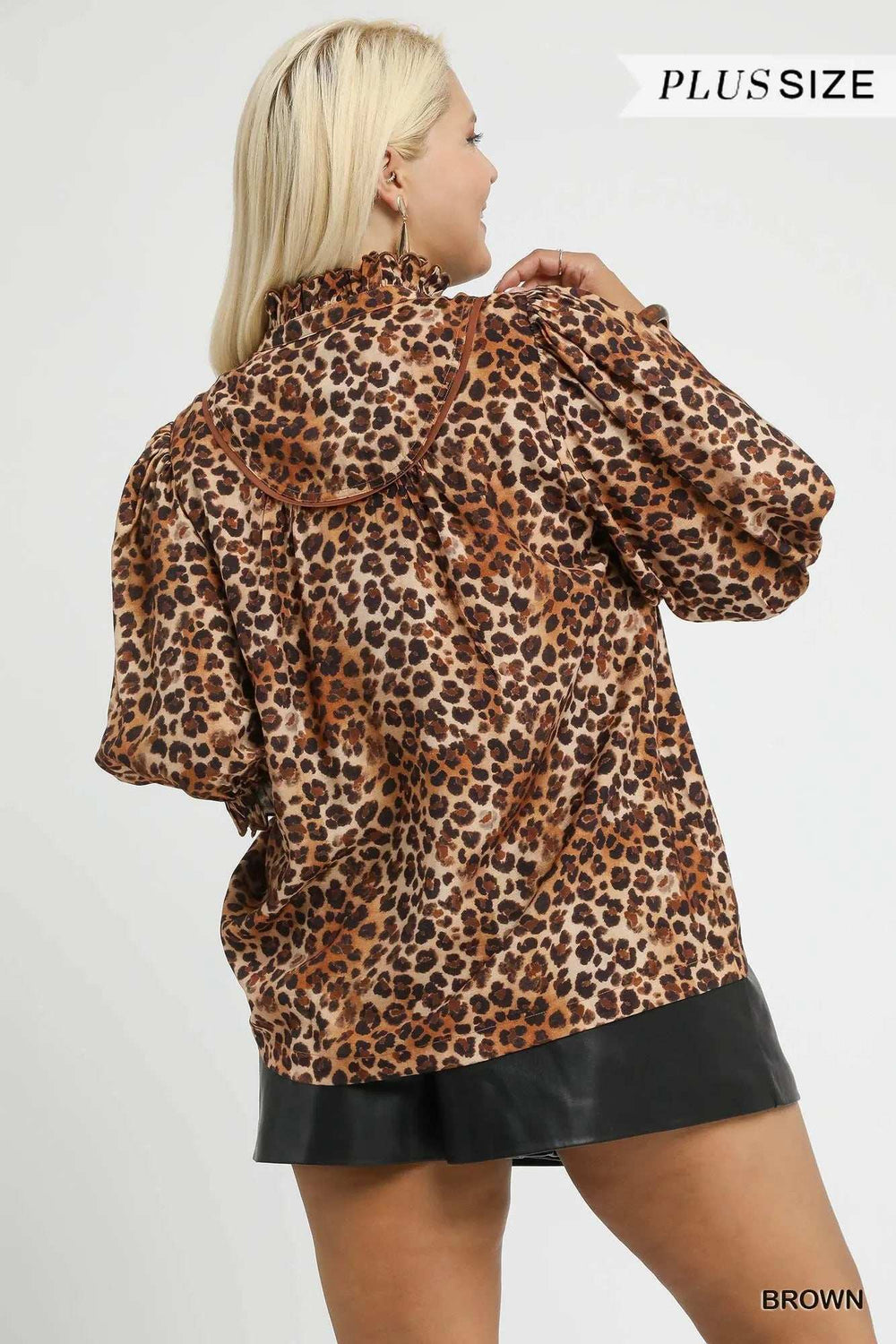 Umgee Full Size Leopard Print Ruffle Neck Blouse Plus Size - Trendsi - Flyclothing LLC