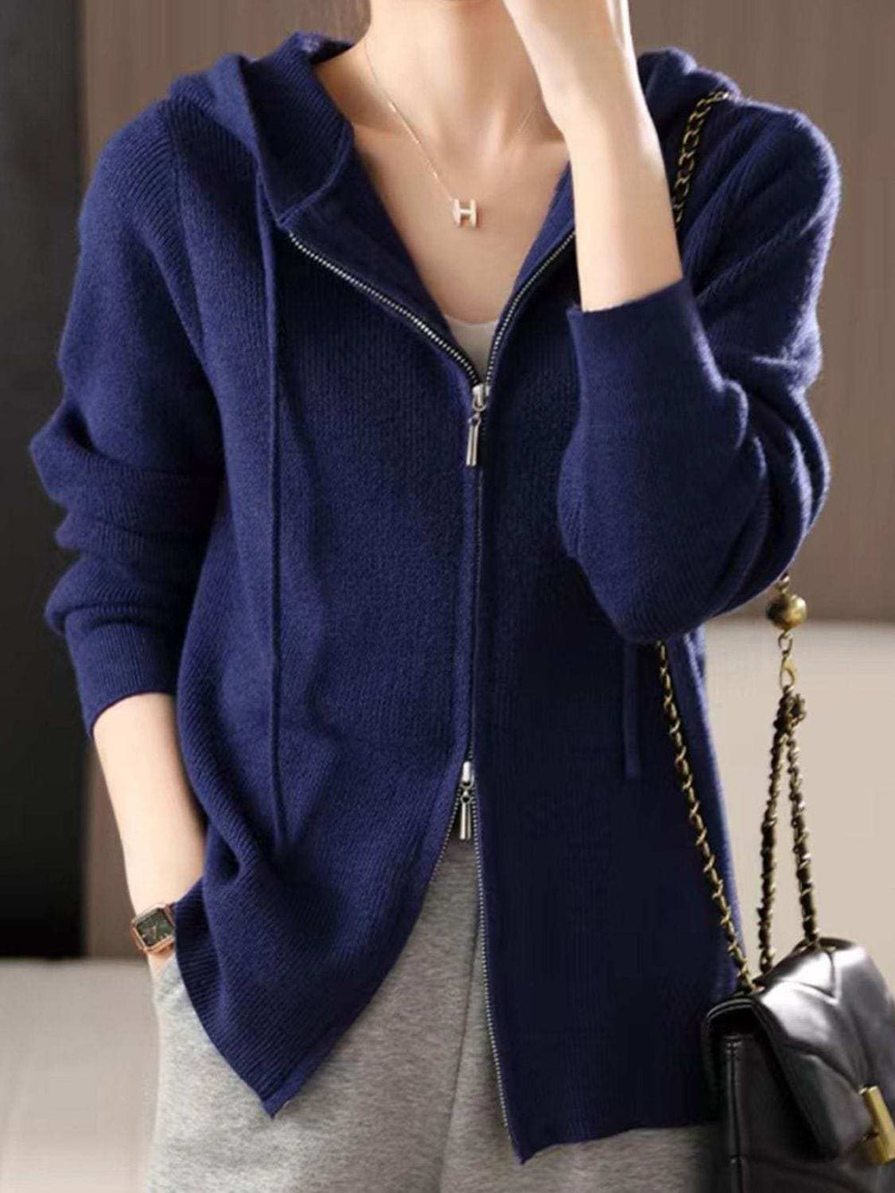 Drawstring Zip Up Long Sleeve Hooded Sweater - Trendsi - Flyclothing LLC