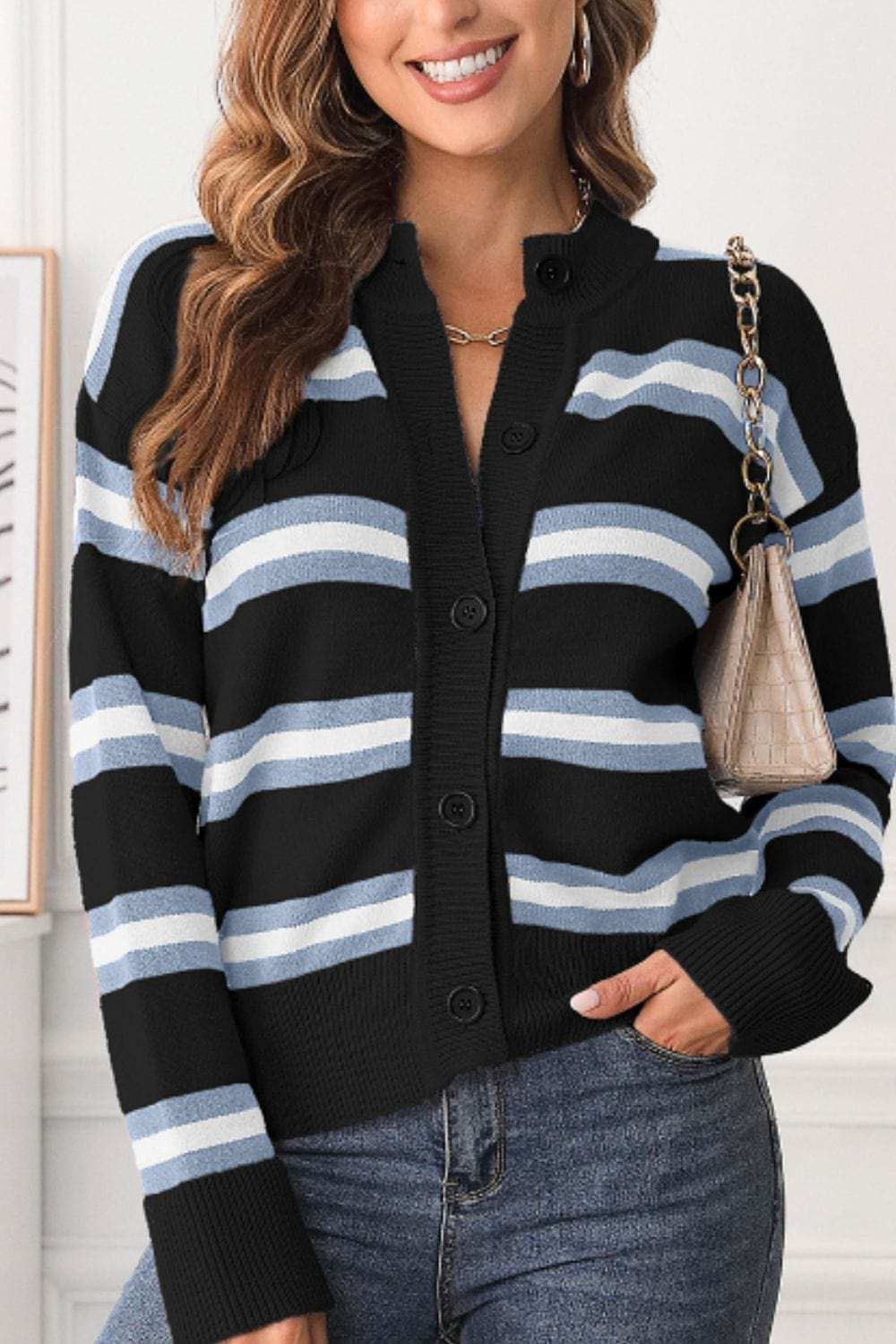 Striped Button Down Long Sleeve Cardigan - Trendsi - Flyclothing LLC