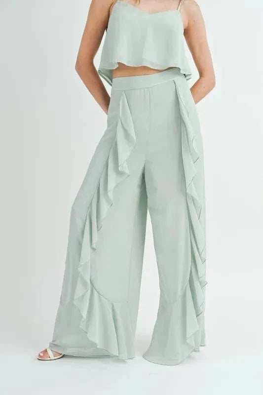 MABLE Crop Cami and Ruffled Wide Leg Pants Set - Trendsi - Flyclothing LLC