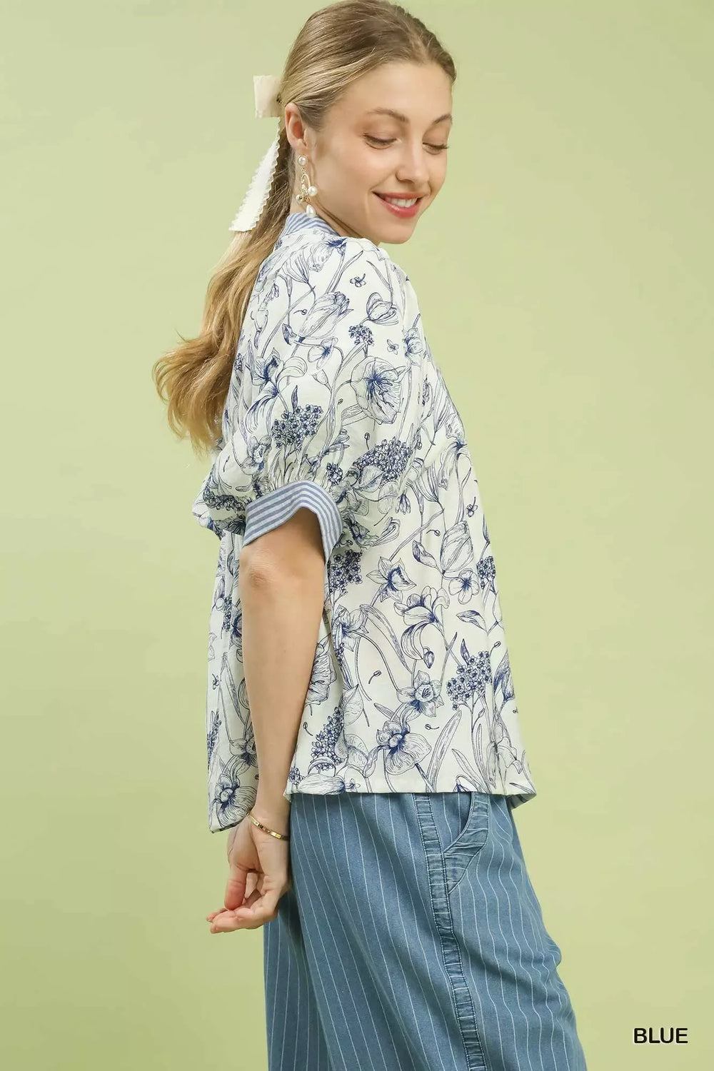 Umgee Mixed Print Puff Sleeve Split Neck Top - Trendsi - Flyclothing LLC