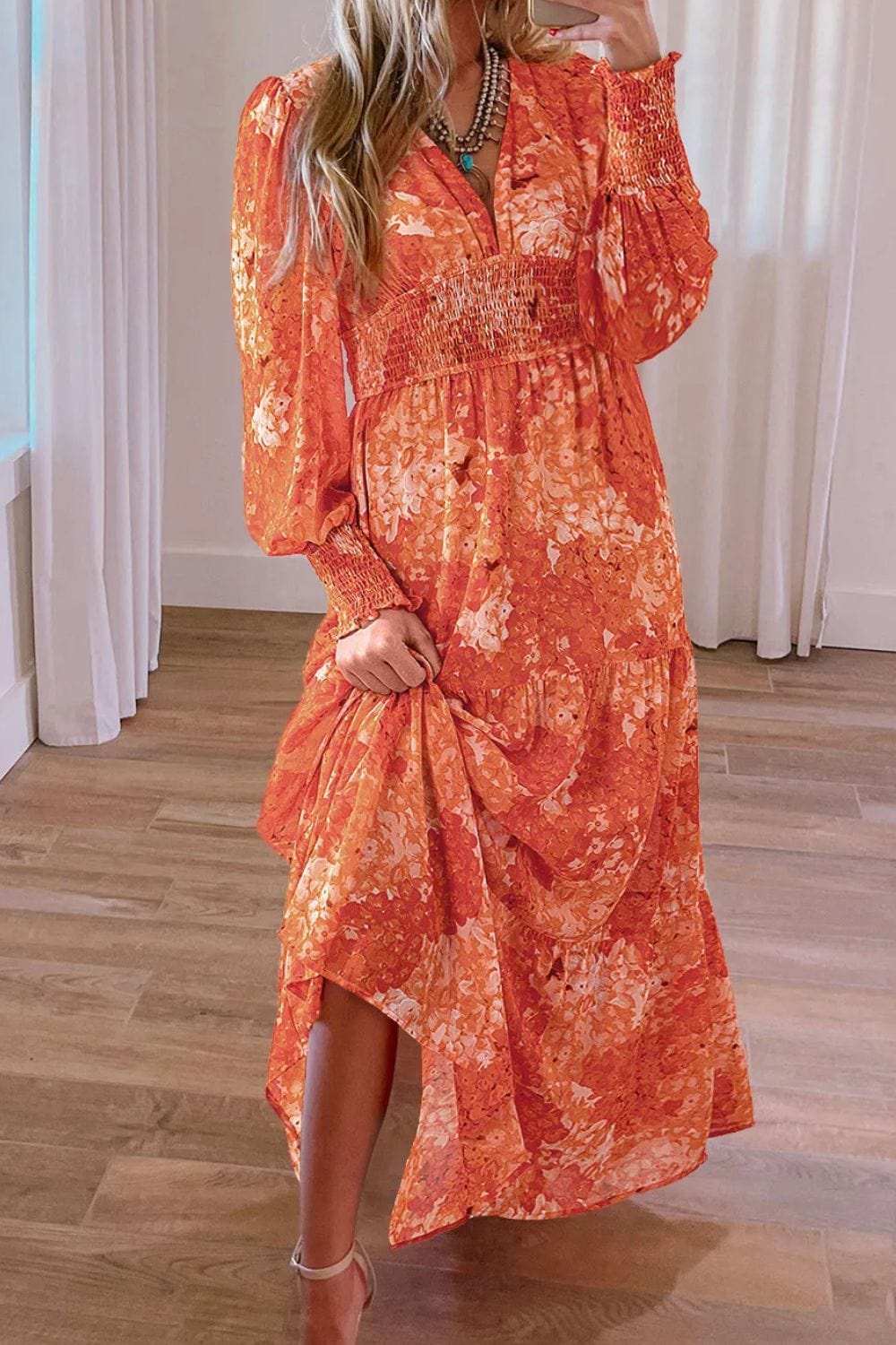 Smocked Printed V-Neck Long Sleeve Dress - Trendsi - Flyclothing LLC