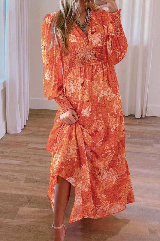 Smocked Printed V-Neck Long Sleeve Dress - Trendsi - Flyclothing LLC