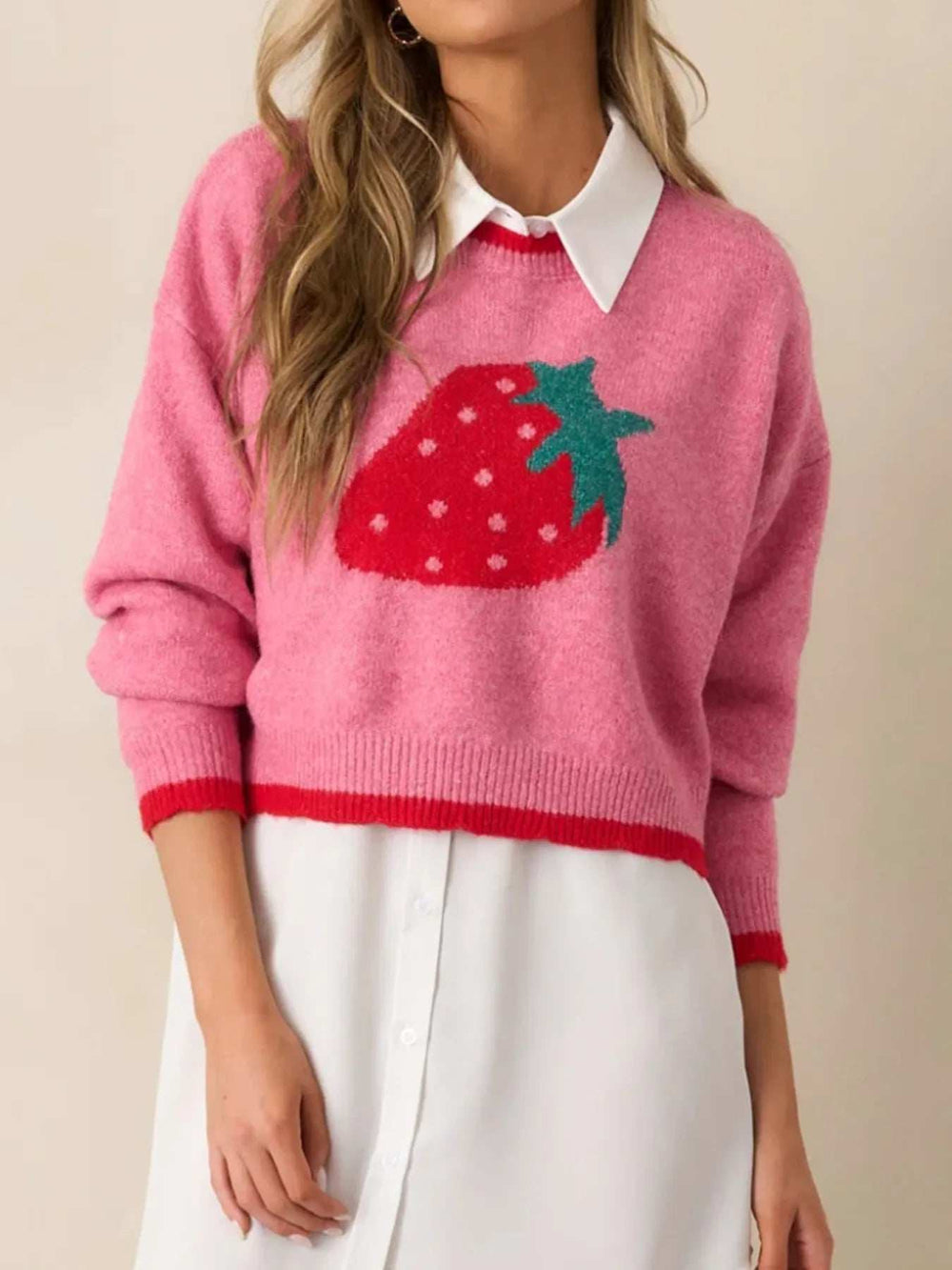 Strawberry Round Neck Long Sleeve Sweater - Trendsi - Flyclothing LLC