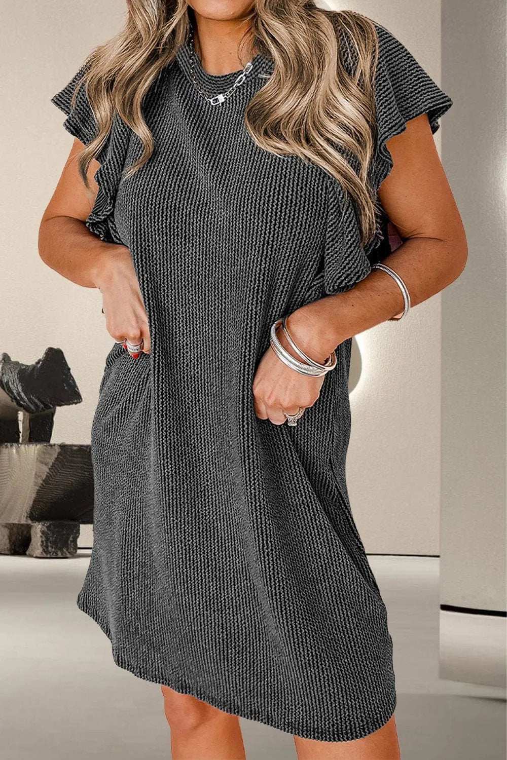 Textured Ruffled Round Neck Cap Sleeve Dress - Trendsi - Flyclothing LLC