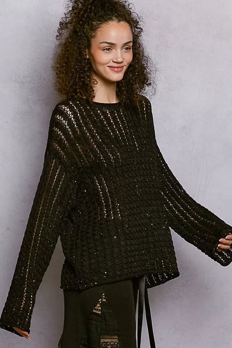 POL Openwork Round Neck Knit Top with Shiny Detail - Trendsi - Flyclothing LLC