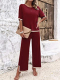 Contrast Trim Round Neck Top and Pants Set - Trendsi - Flyclothing LLC