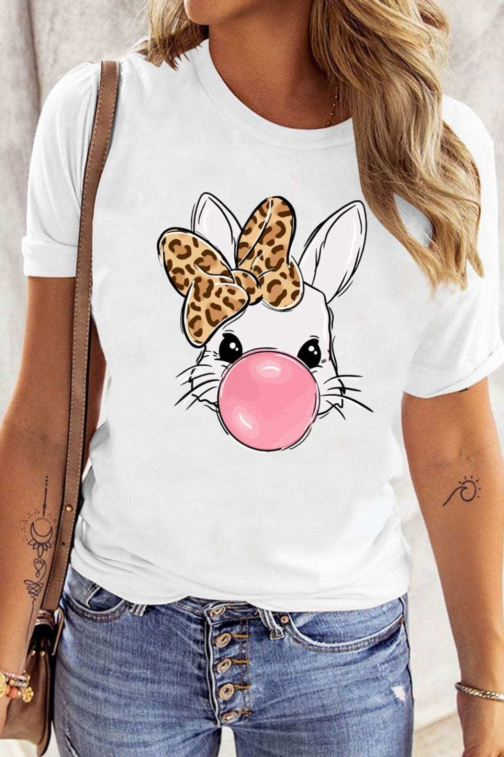 Leopard Bow Rabbit Graphic Round Neck Short Sleeve T-Shirt - Trendsi - Flyclothing LLC