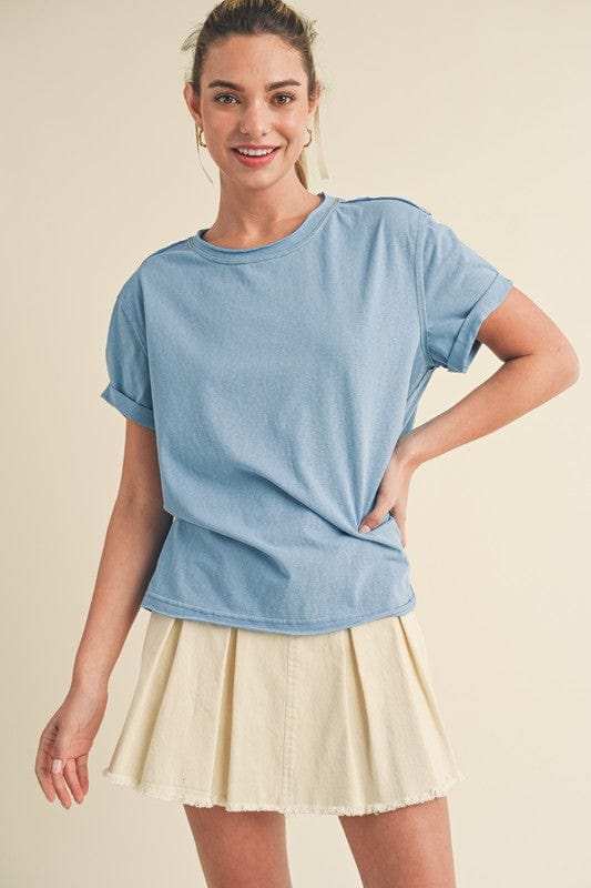 Aemi + Co Exposed Seam Round Neck Short Sleeve T-Shirt - Trendsi - Flyclothing LLC