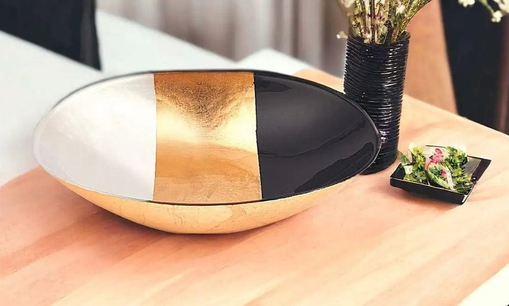 12" Gold Black and White Oval Glass Serving Bowl - Homeroots