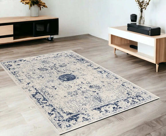 4' X 6' Navy Blue Distressed Floral Area Rug - Homeroots - Flyclothing LLC