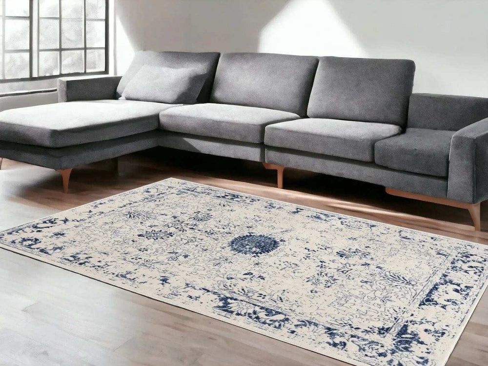 5' X 8' Navy Blue Distressed Floral Area Rug - Homeroots - Flyclothing LLC