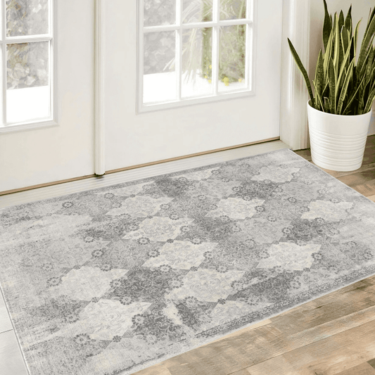 2' X 3' Gray Distressed Trellis Pattern Scatter Rug - Homeroots - Flyclothing LLC