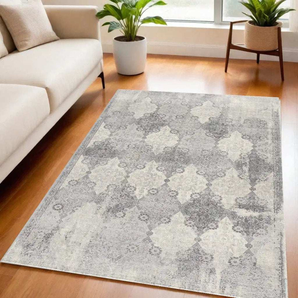 5' X 8' Gray Distressed Trellis Pattern Area Rug - Homeroots - Flyclothing LLC