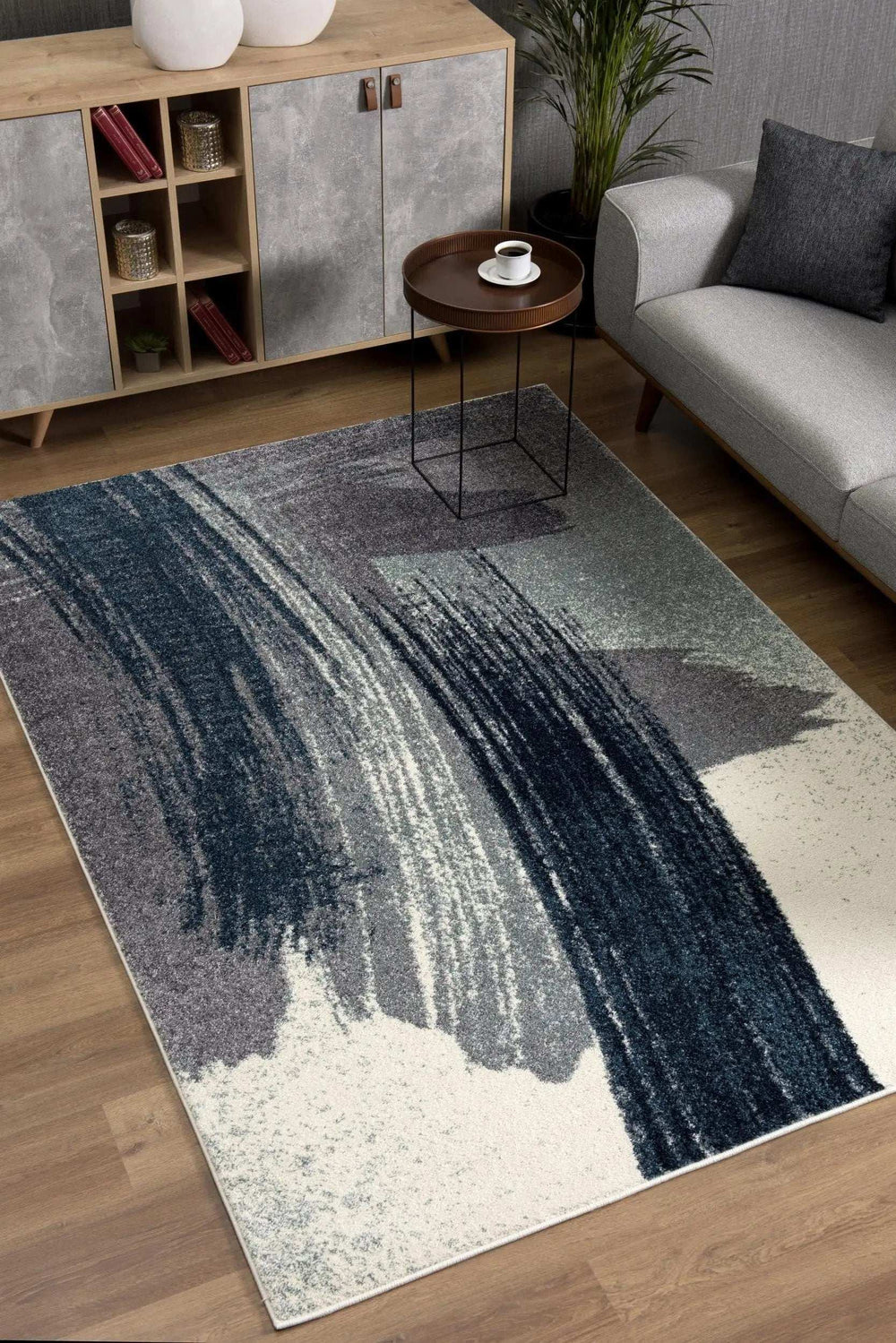 7' X 9' White And Blue Abstract Strokes Area Rug - Homeroots - Flyclothing LLC