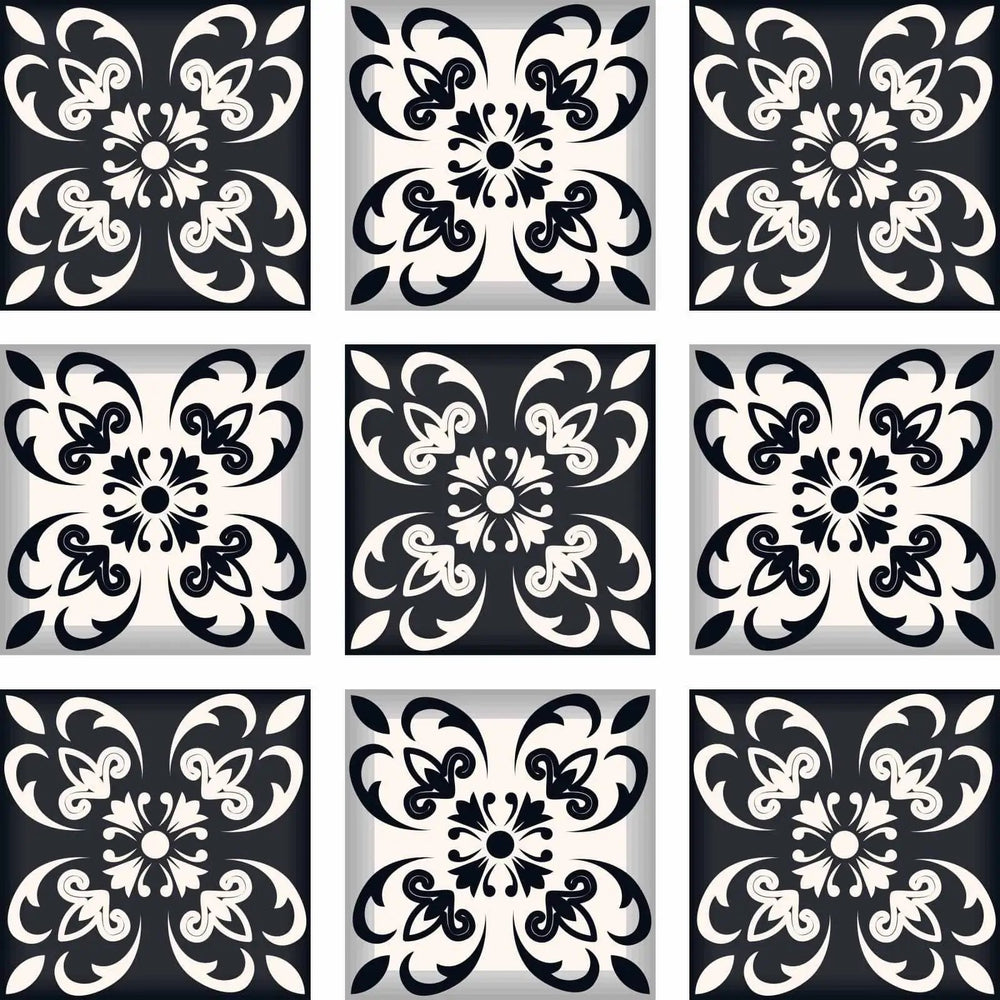 8" X 8" Black And White Quatro Peel And Stick Removable Tiles - Homeroots