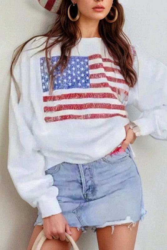 US Flag Round Neck Long Sleeve Sweatshirt - Trendsi - Flyclothing LLC