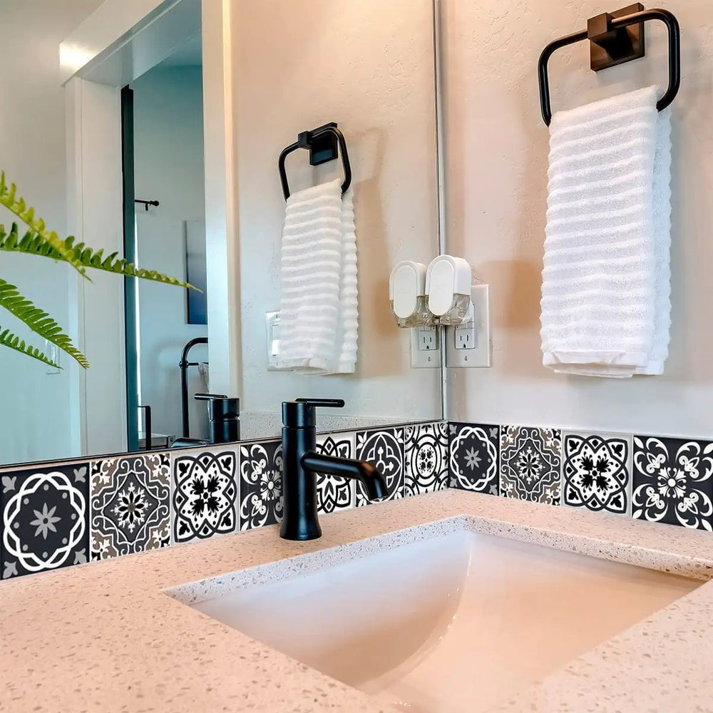 5" X 5" Black White And Tan Peel And Stick Removable Tiles - Homeroots