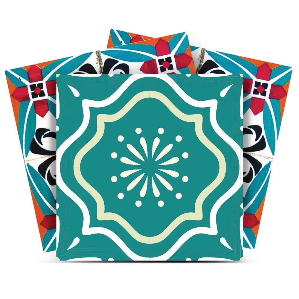 7" X 7" Turq And Terra Cotta Scroll Peel And Stick Removable Tiles - Homeroots