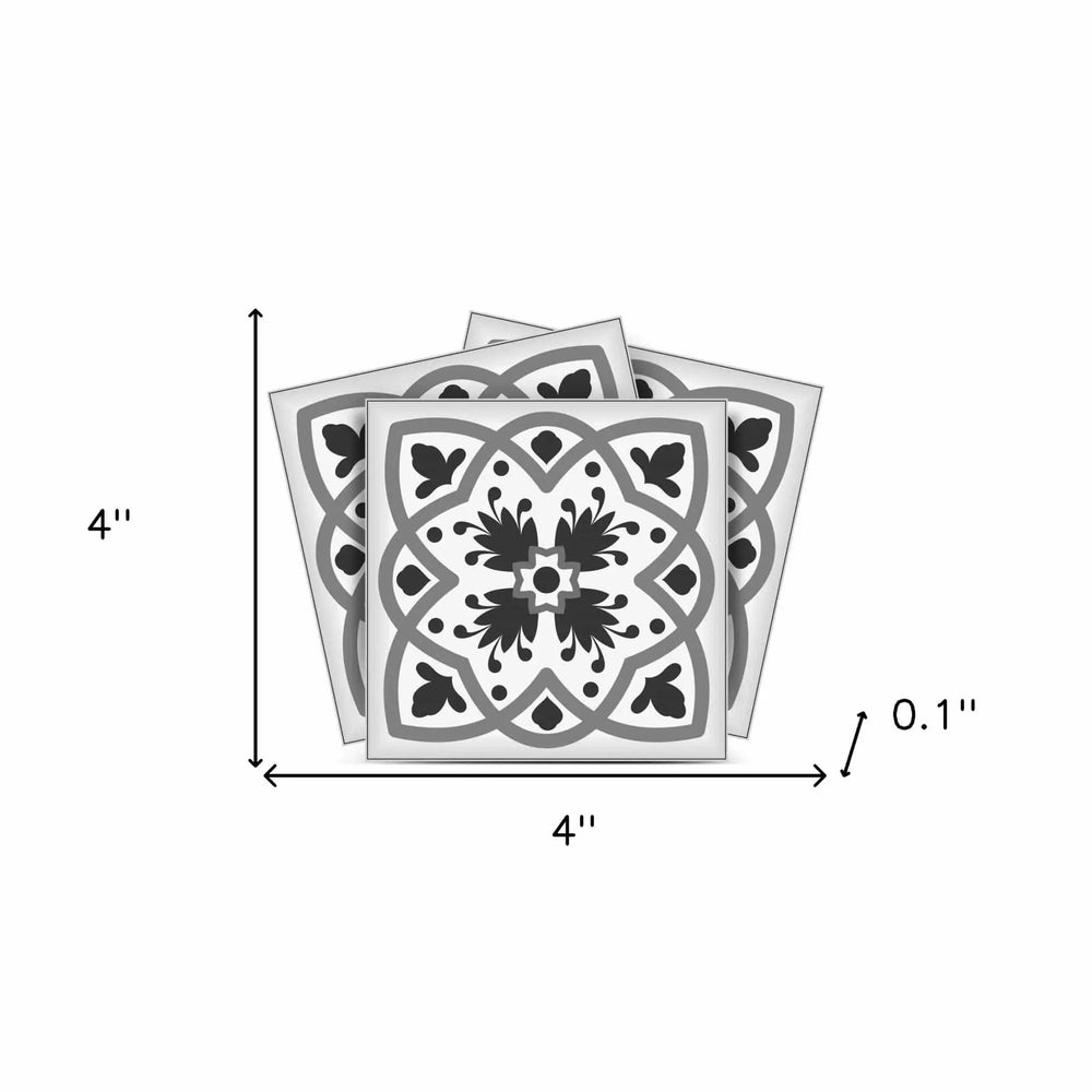 4" X 4" Charcoal And White Scroll Peel And Stick Removable Tiles - Homeroots