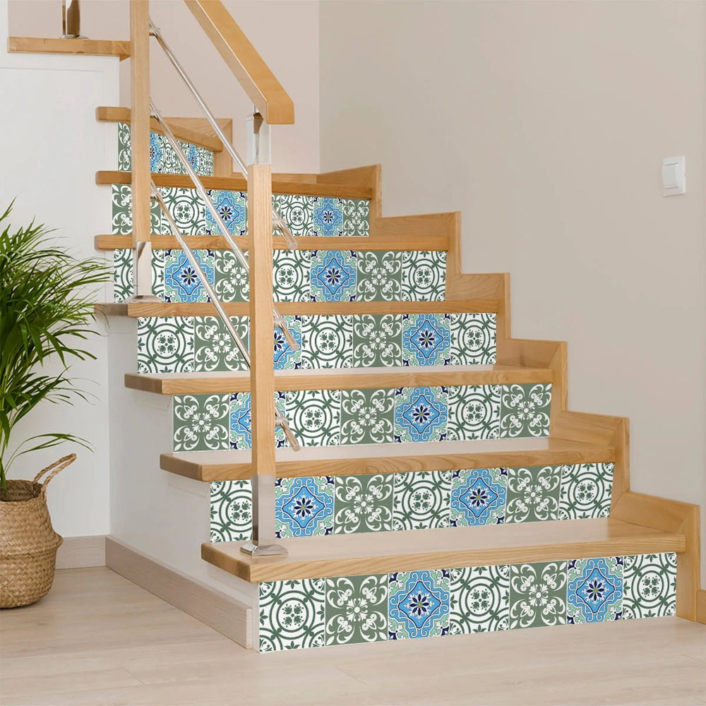 7" X 7" Sage And Aqua Floral Peel And Stick Removable Tiles - Homeroots