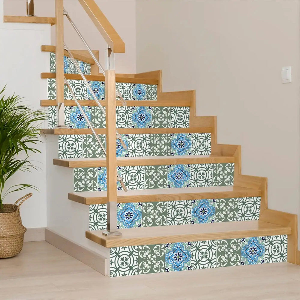 8" X 8" Sage And Aqua Floral Peel And Stick Removable Tiles - Homeroots