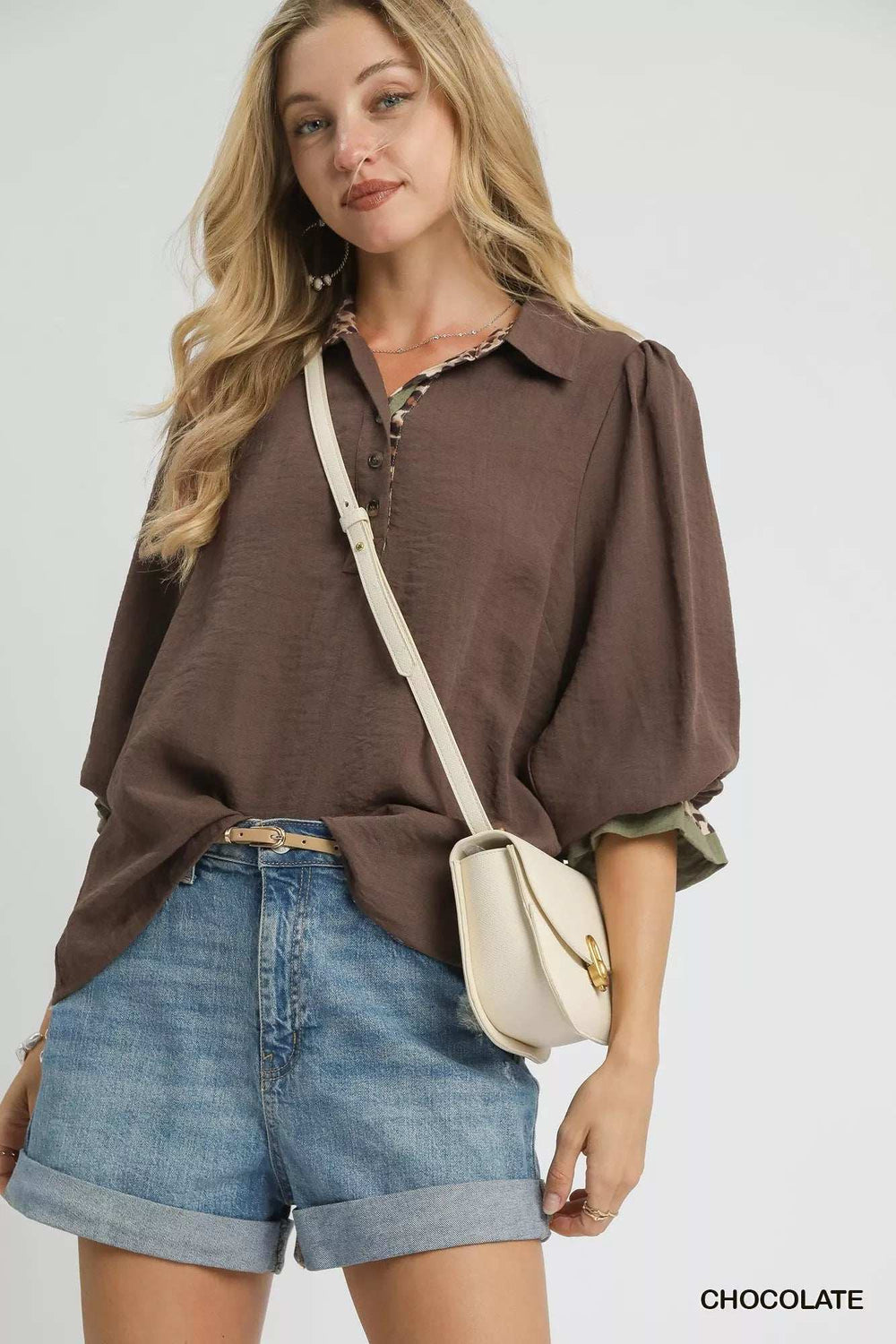 Umgee Half Button Blouse with Leopard Print Trim - Trendsi - Flyclothing LLC