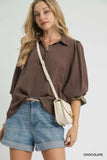 Umgee Half Button Blouse with Leopard Print Trim - Trendsi - Flyclothing LLC