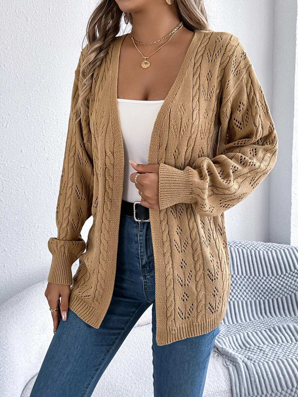 Openwork Open Front Long Sleeve Cardigan - Trendsi - Flyclothing LLC