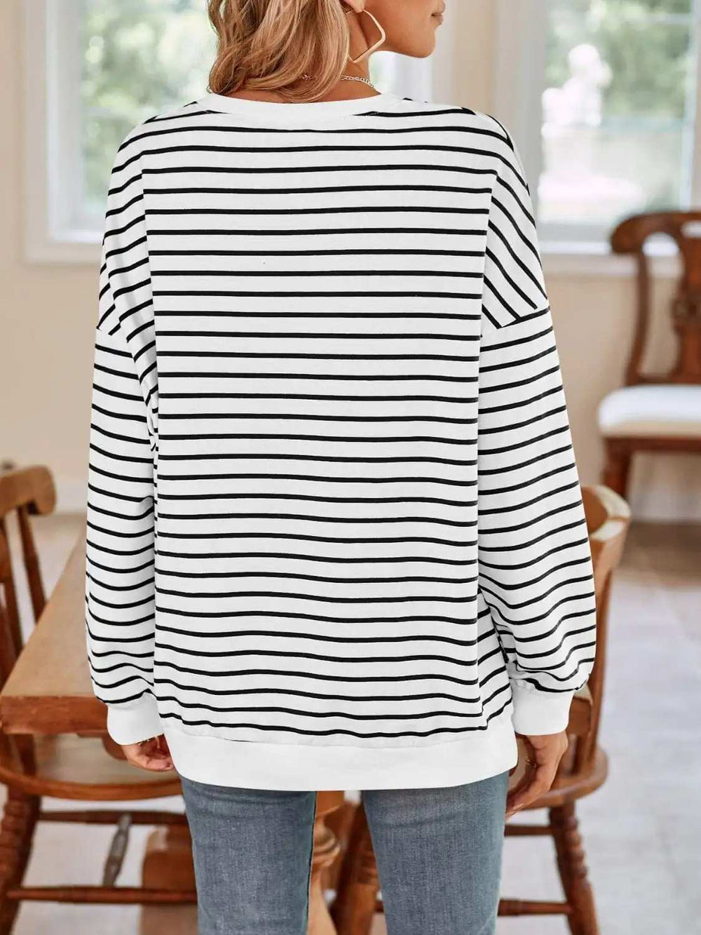 Striped Round Neck Long Sleeve Sweatshirt - Trendsi - Flyclothing LLC