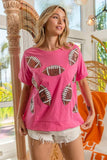 BiBi Game Day Sequins Patched Half Sleeves Top - Trendsi - Flyclothing LLC
