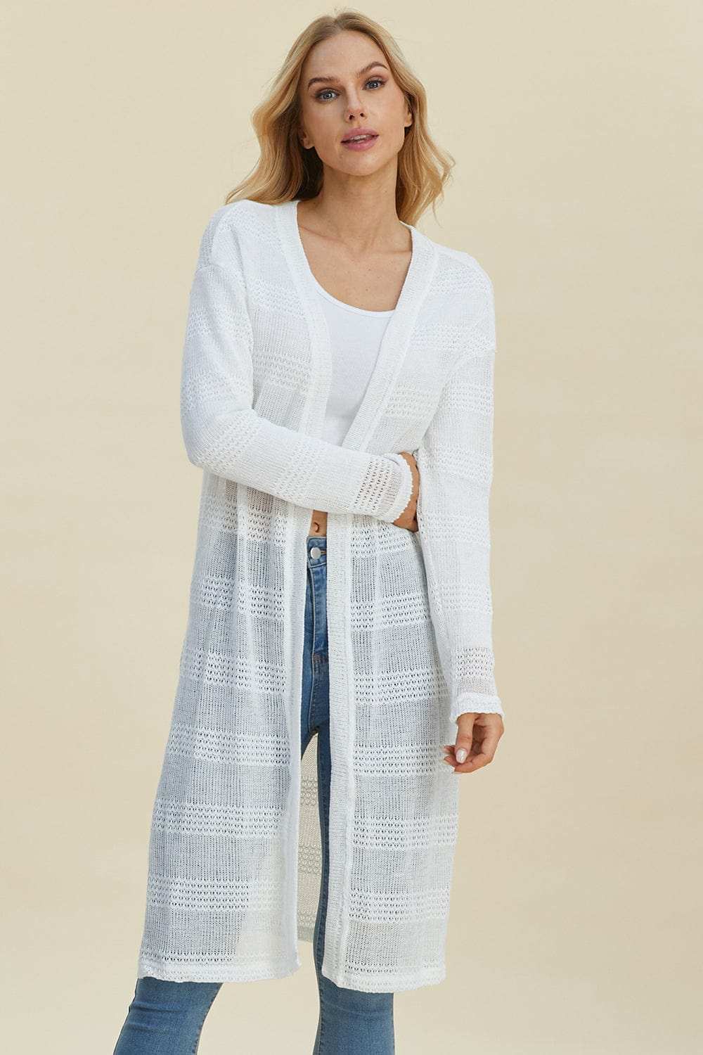 Double Take Full Size Open Front Longline Cardigan - Trendsi - Flyclothing LLC