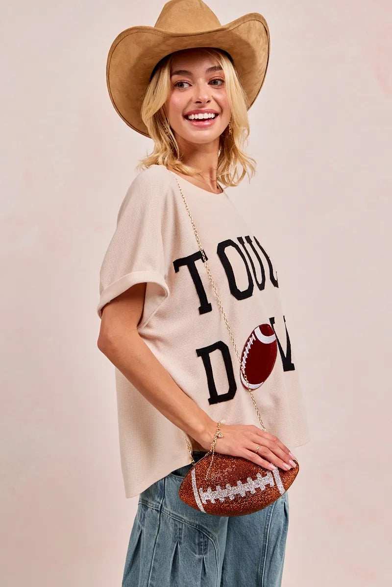 BiBi Game Day Touchdown Letter Patches Waffle Short Top - Trendsi - Flyclothing LLC
